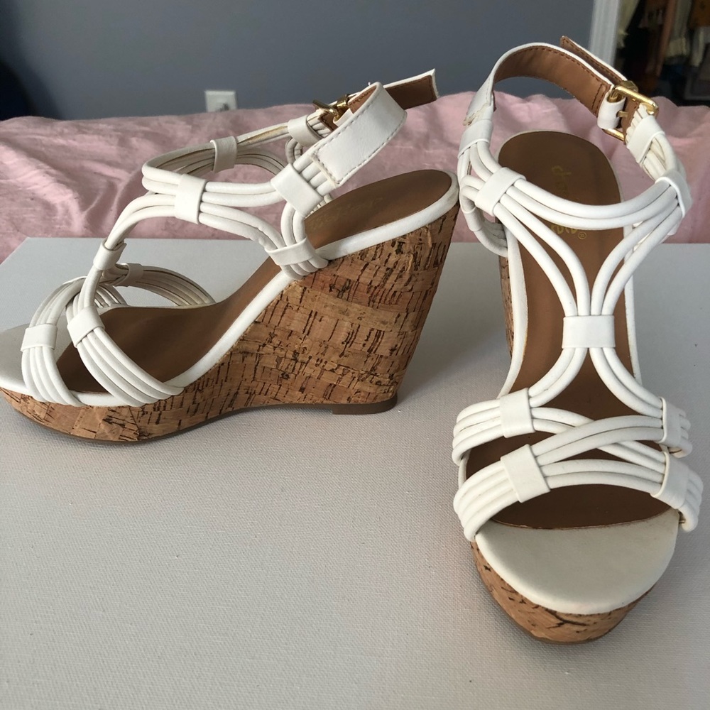White strappy wedge heels